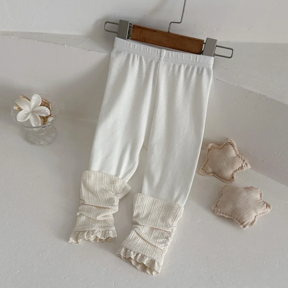 Herbstliche Mädchen-Strickstrumpfhose mit Spitzenrüschen, einfarbig, mit Baumwoll-Einsätzen, weiche, atmungsaktive Kinder-Leggings – Detail 6