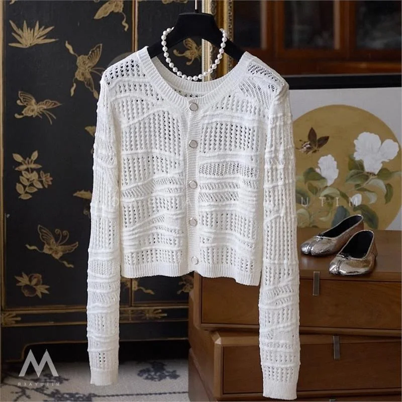Ele Hollow out Knitwear Women's White Faionable Top High Quali Premium Design Commute Sle Long Sve Button down