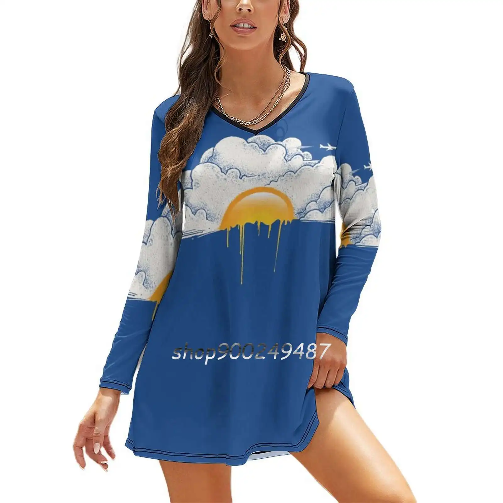 Breakfast Long Sleeve Sexy Dresses For Women 2022 Ladies Vintage Elegant Party Dress Breakfast Egg Plane Cloud Sky Fantasy