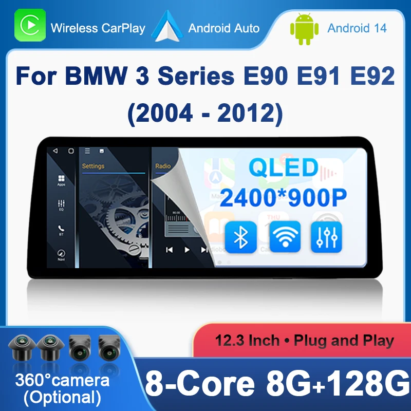 

12-дюймовый сенсорный экран QLED для BMW 3 серии E90 E91 E92 CCC CIC System CarPlay GPS Navi Android 14 Автомультимедийный радиоплеер