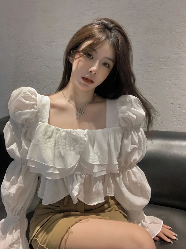 Ruffles Blouses Women Elegant Square Collar All-match Blusas Flare Sleeve Simple Spring Feminine Soft Korean Style Fashion Sweet