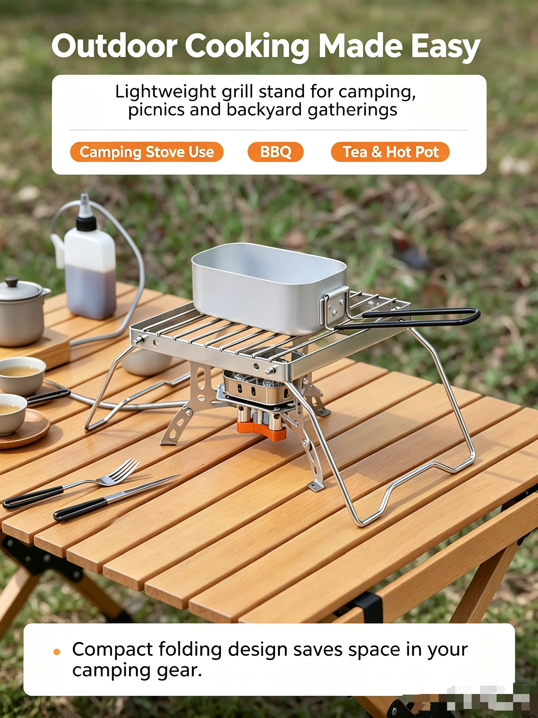 Tragbarer, zusammenklappbarer Campinggrillständer aus Edelstahl für Gasgrills, Holzkohlegrills und zum Zubereiten von Tee, für den Innen- und Außenbereich. – Detail 6
