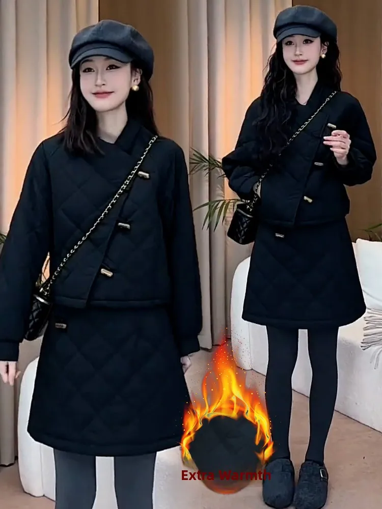 Damski dwuczęściowy zestaw sportowy na zimę, nowy płaszcz, spódnica z podkreśleniem talii, ciepły komplet z włókna poliestrowego, długi rękaw.