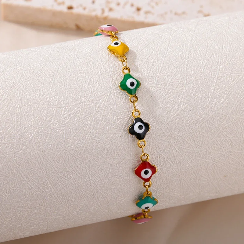Stainless Steel Evil Eye Bracelets For Women Men Enamel Round Chain Blue Evil Eye Hand Bracelet Summer Beach Jewelry Gift 2024