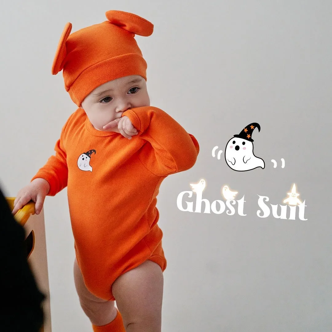 Newborn Infant Baby Ghost Print Romper Long Sleeve Bodysuit with Big Ears Beanie Hat Halloween Cute Outfit 0 24M