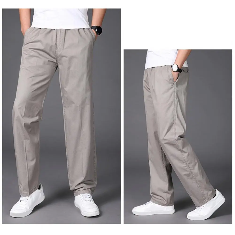 

Breathable Cotton Pants Versatile Men's Cargo Pants Elastic Mid Waist Wide Leg Plus Size Solid Color Smooth Soft Cotton Sports