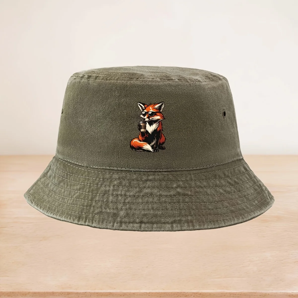 A High-Quality Fisherman Hat with a Printed Pattern of a Fox Wearing Sunglasses And Drinking Coffee, a Portable Bucket Hat Suita