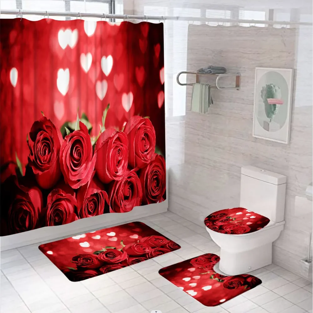 4Pcs Love Heart Stone Shower Curtain Set 3D Valentine's Day Home Bathroom Decor Screen Non-Slip Bath Mat Toilet Cover Rug Carpet