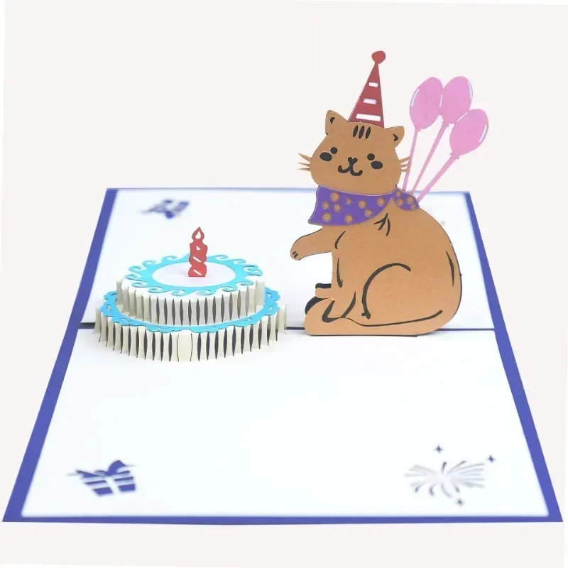 3D greeting card cat birthday card paper carved hollow cake creative handmade birthday gift