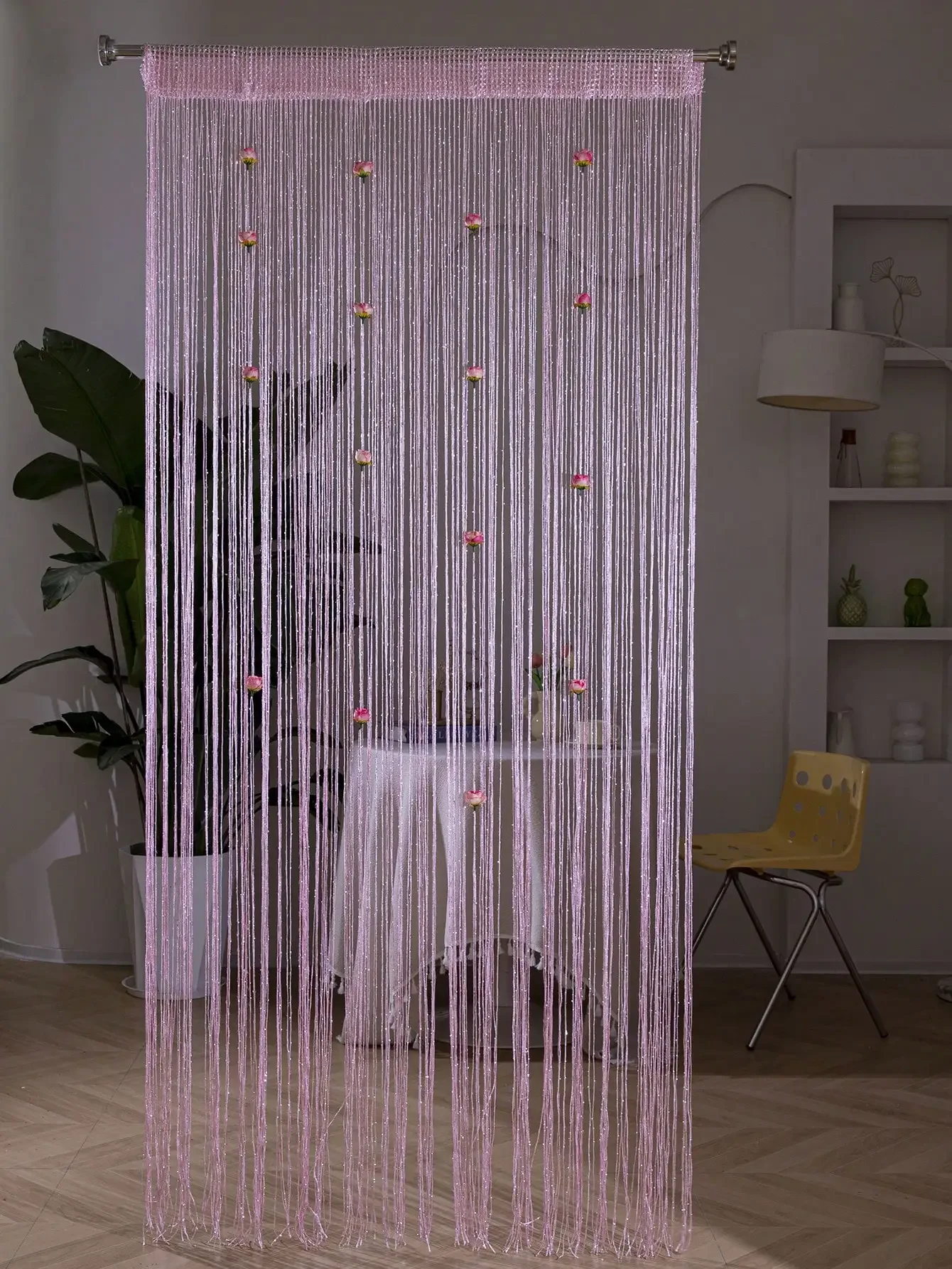 

1pc Rose Flower String Curtain, 1*2m Silver Wire Woven Flower Curtain, Finished Product Room Divider Entrance Curtain, The perfect little gift
