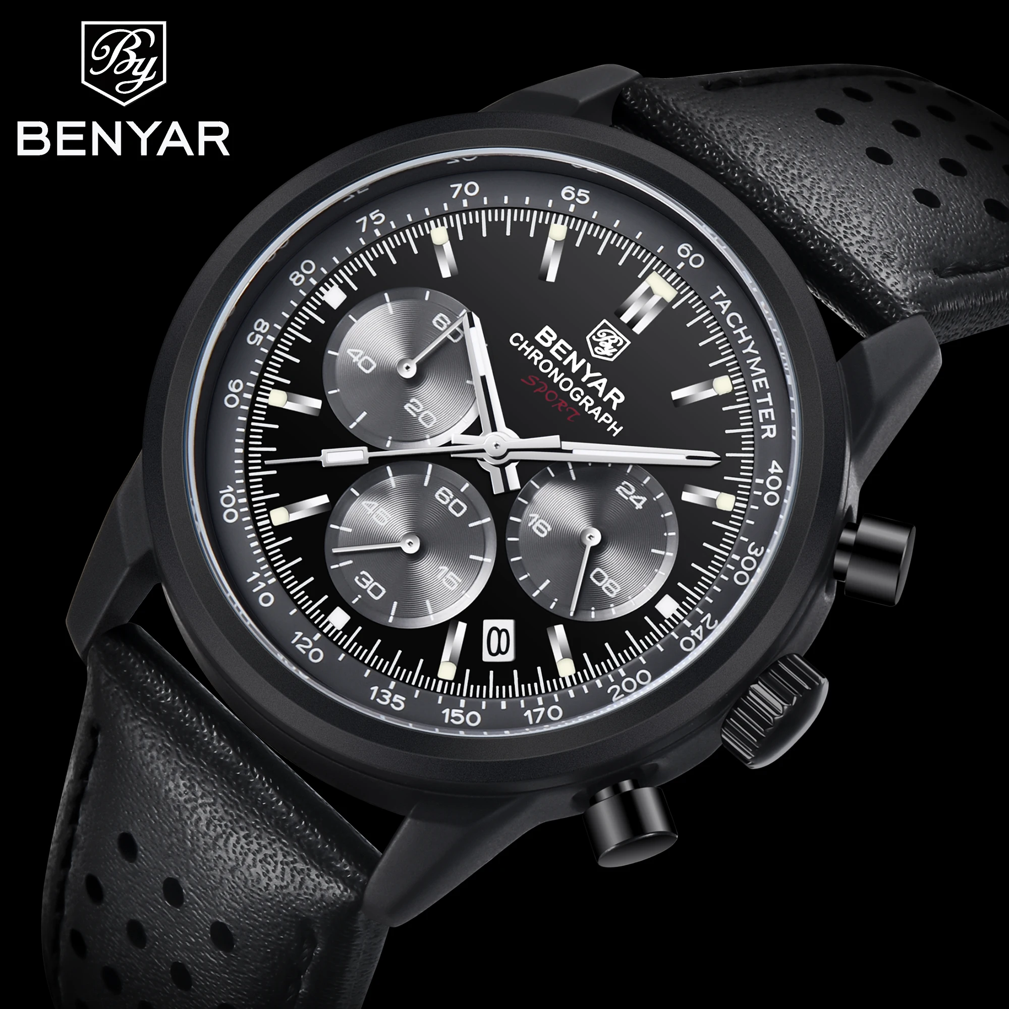 Benyar 2022 Top Design Men's Sports Quartz Watch Vintage Fashion 42mm Leather Waterproof Luminous Chronograph Relogio Masculino