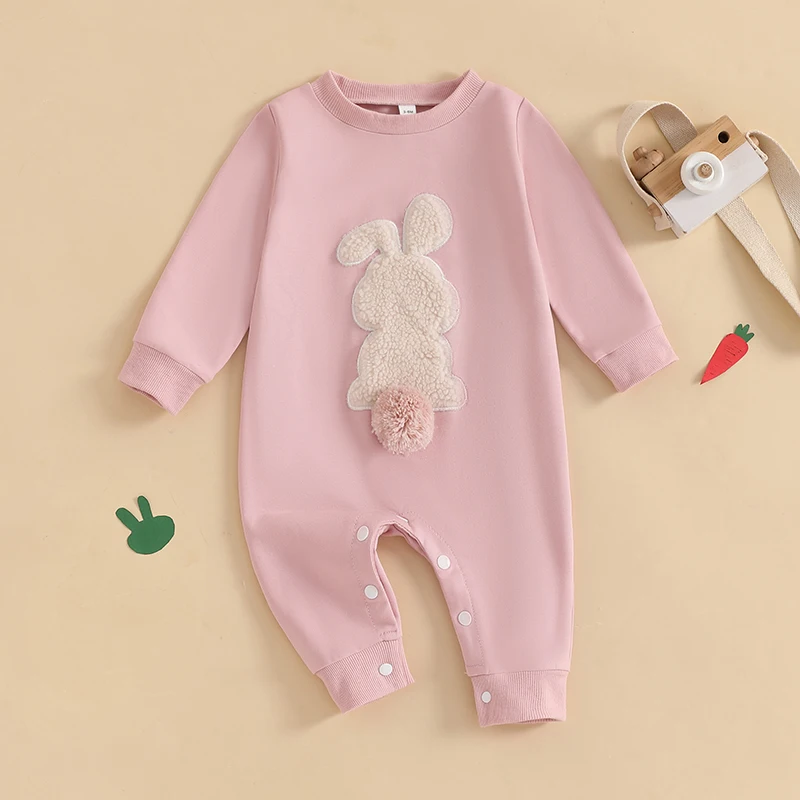 Suefunskry Baby Easter Romper Cute Plush Bunny Embroidery Fur Ball Design Crew Neck Long Sleeve Spring Infant Jumpsuit