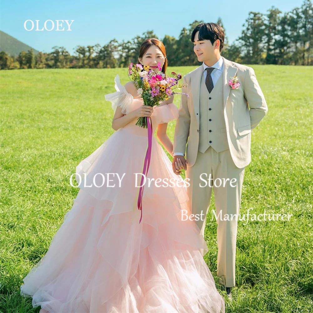 OLOEY Fairy Pink A Line Korea Wedding Dress Outdoor Photoshoot Off Shoulder Prom Dress Floor Length Bridesmaid Dress Custom Made