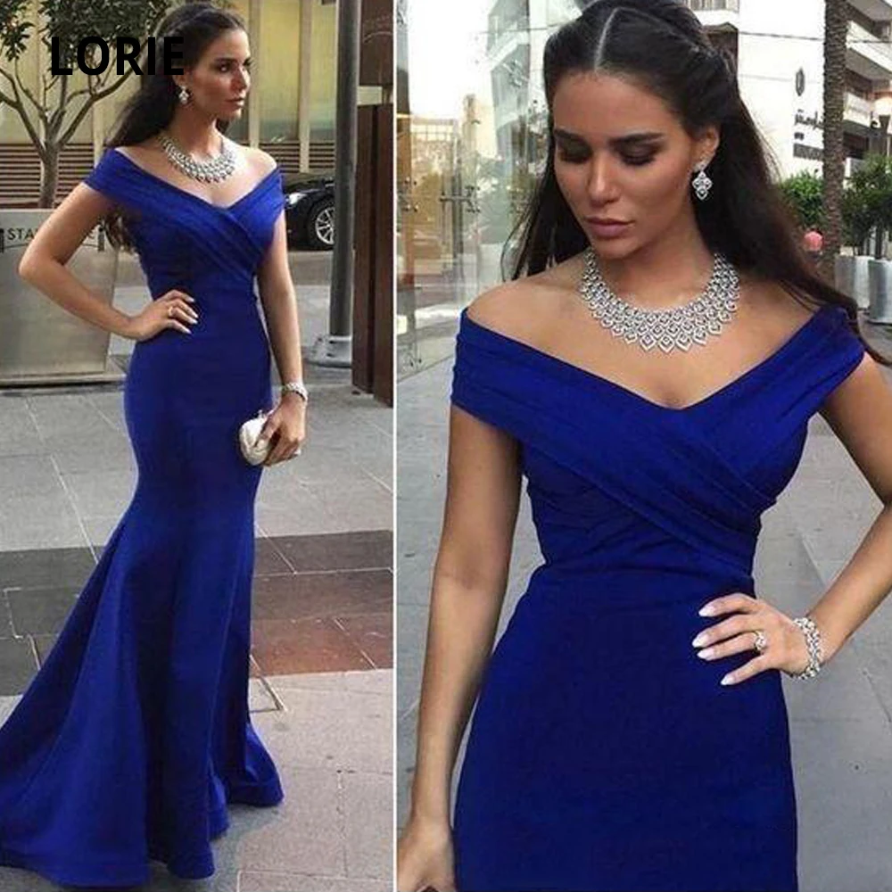 

V-neck Royal Blue Off Shoulder Mermaid Evening Dresses Elegant Long Prom Dress Cheap Formal Party Pageant Celebrity Gowns