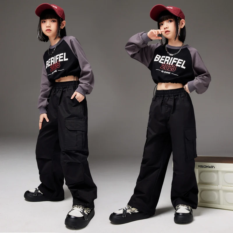 Girls Hip Hop Crop Tops Short Sweatshirt Cargo Pants Kids Jazz Streetwear Dance Clothes Set Children Teenage Dance Show Costumes