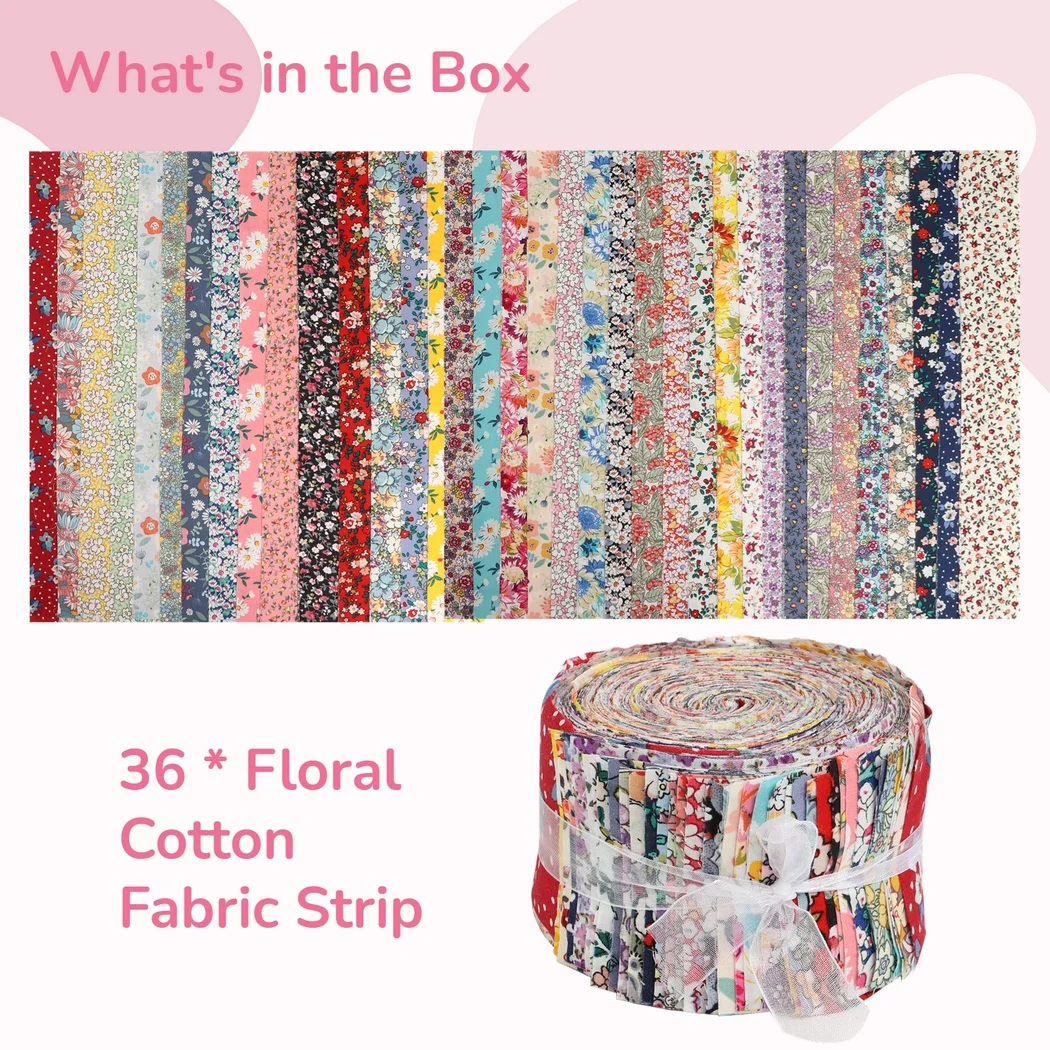 36Pcs Floral Fabric Strips For Quilting Fabric Jelly Rolls Pre-Cut Jelly Roll Cotton Fabric Printed Floral Cotton Fabric Strips