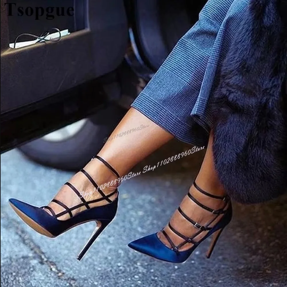 

Blue Narrow Band Buckle Strappy Pumps Stilettos High Heel Women Shoes Ankle Buckle Strap Pointed Toe Gorgeous Banquet Pumps