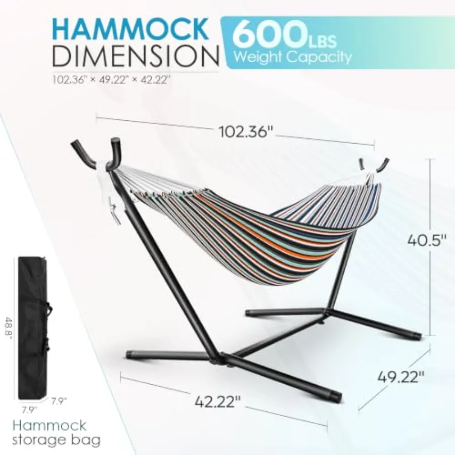 Outdoor hammock with stand 600 lbs capacity, carrying package, 2-person patio use polyester fabric, navy blue, easy setup and p