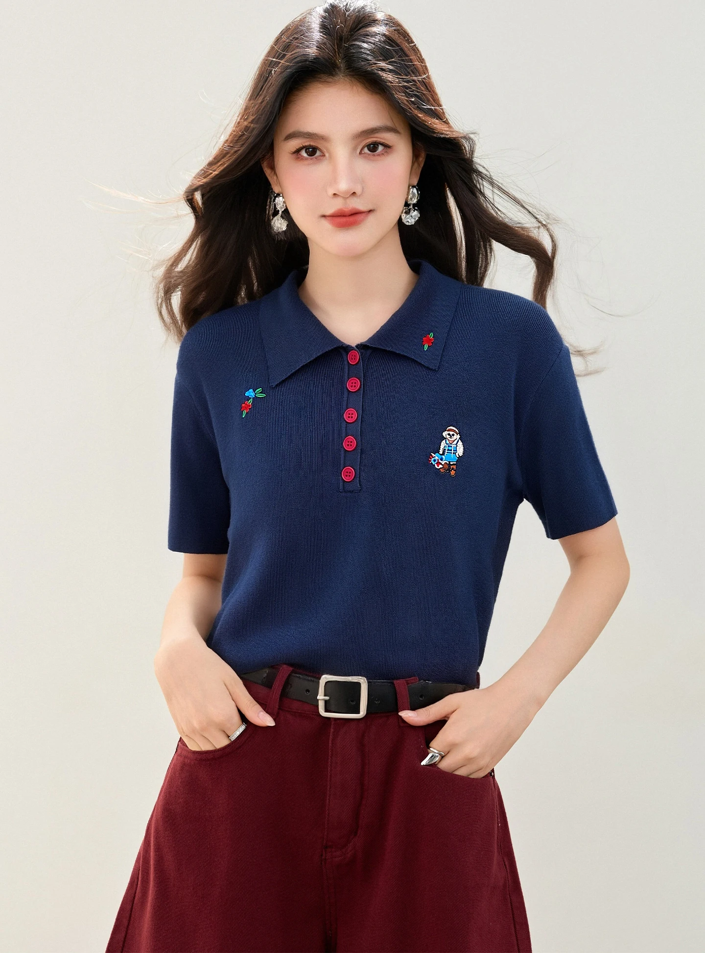 Summer Polo Shirt Cartoon Bear Embroidered Collar Short Sleeve Slim Fit Fashion Top