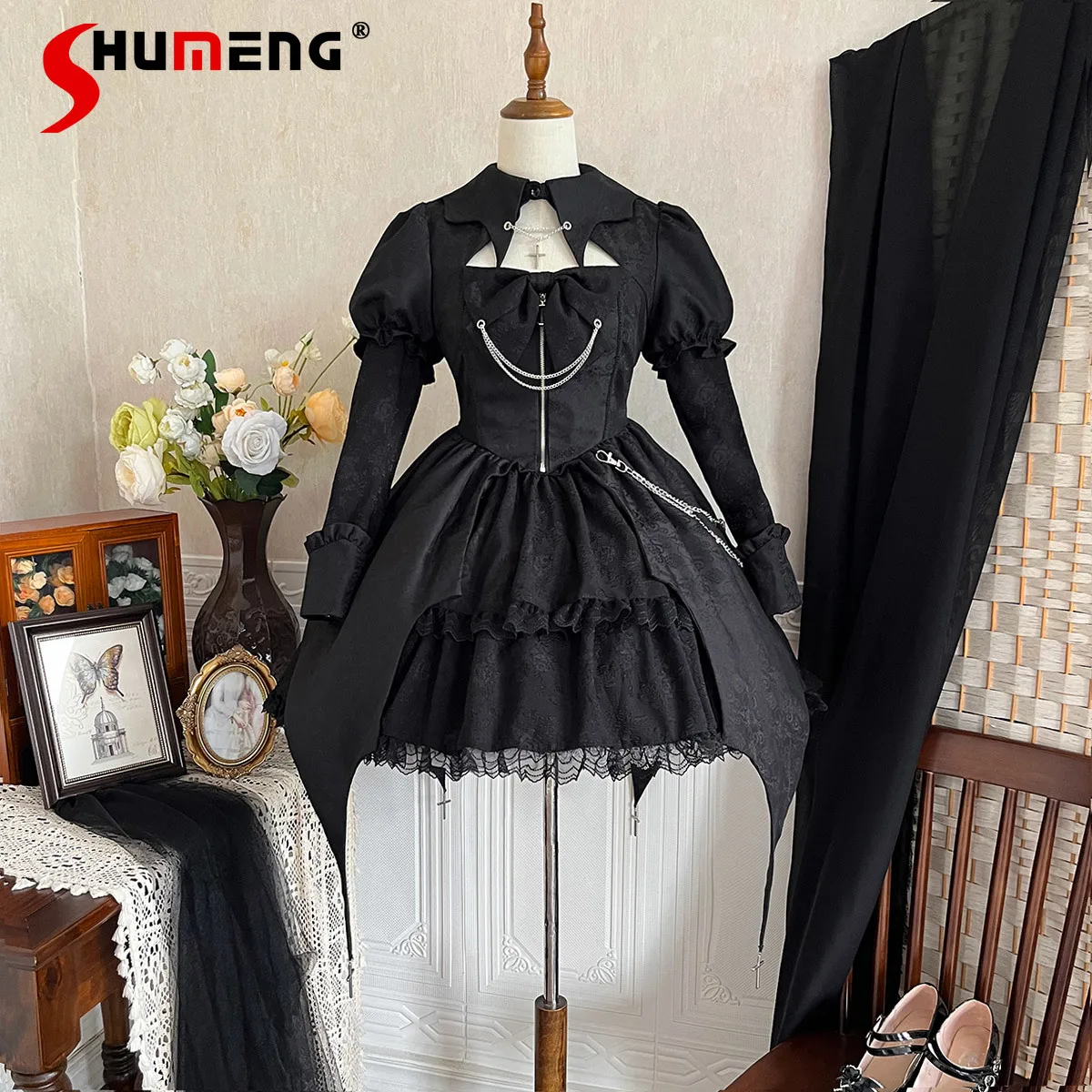 

Original Lolita Gothic Dress for Women Dark Irregular Lace Splicing with Chain Slim Fit Short Long-sleeved Dress Vestidos Autumn