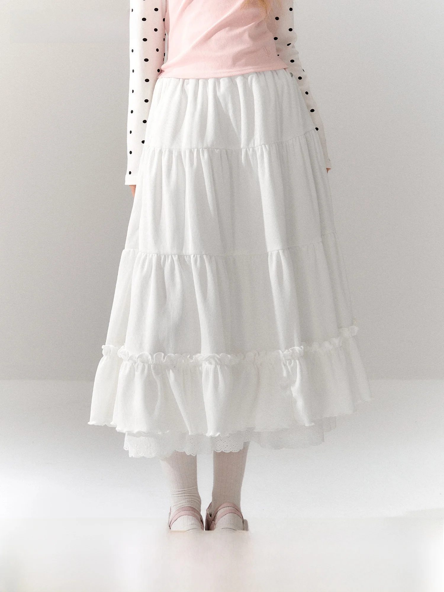 White Lace Trim Corduroy A-Line  Skirt Women's Autumn Winter New Style Korean Version Slimming Cake Skirt Soft Comfortable