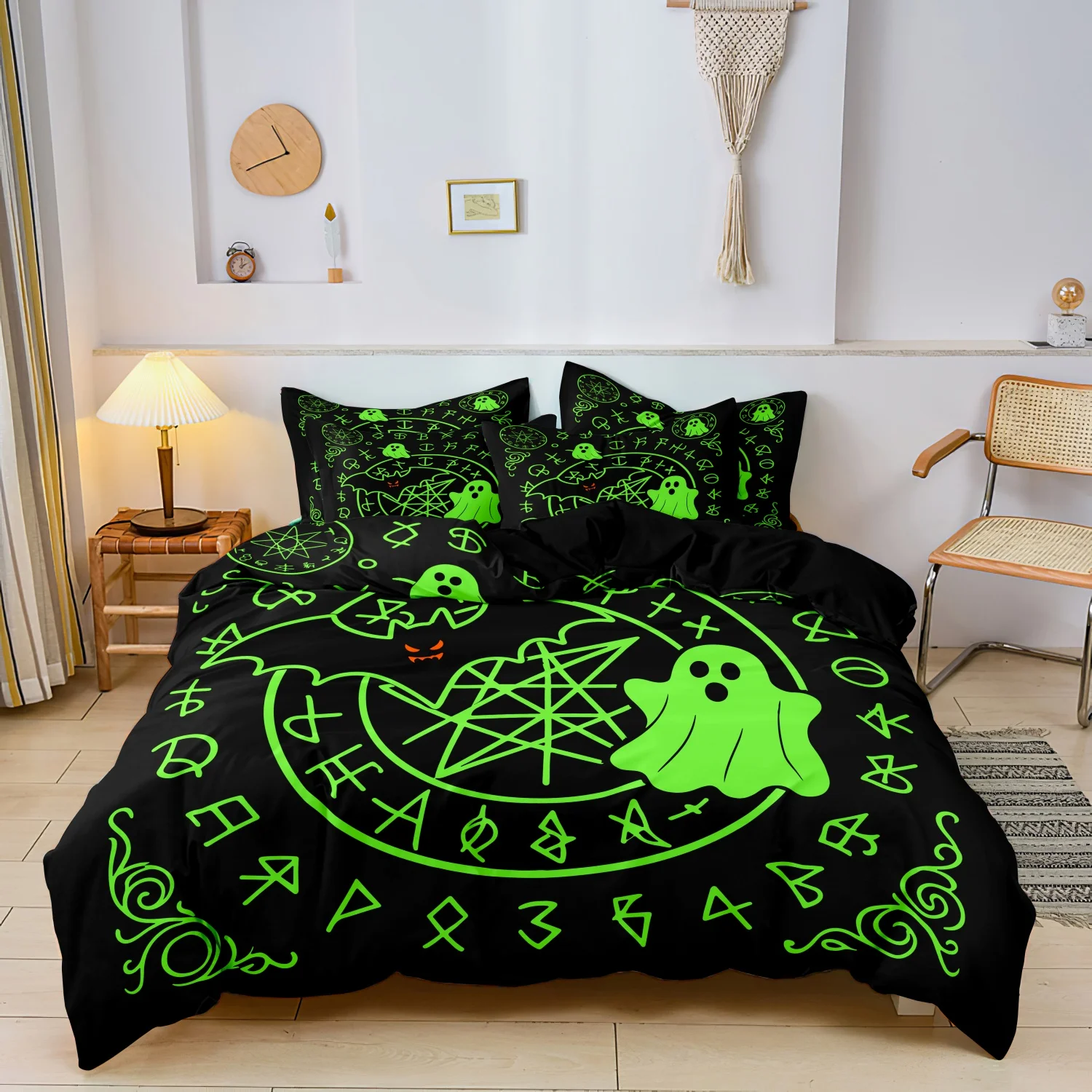 3‑Piece Black Neon Green Ghost Pentagram Rune Mystical Symbol Print Duvet Cover Set, Halloween Occult Sigil Bedding