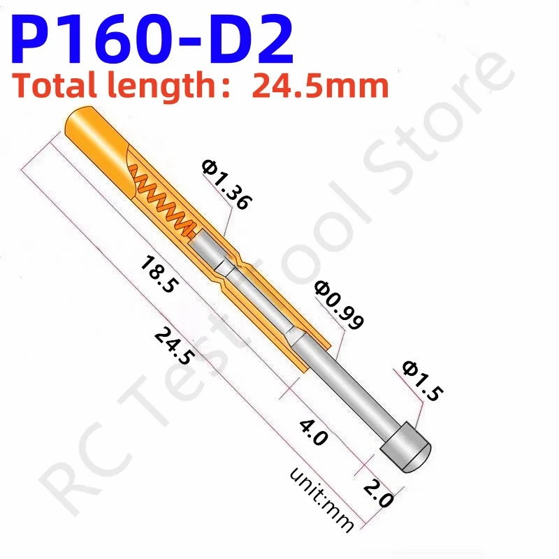 100PCS Spring Test Probe P160-D2 Spring Test Pin P160-D Nickel-Plated Round Head Dia 1.5mm Spring Test Pogo Pin PCB Test Tool