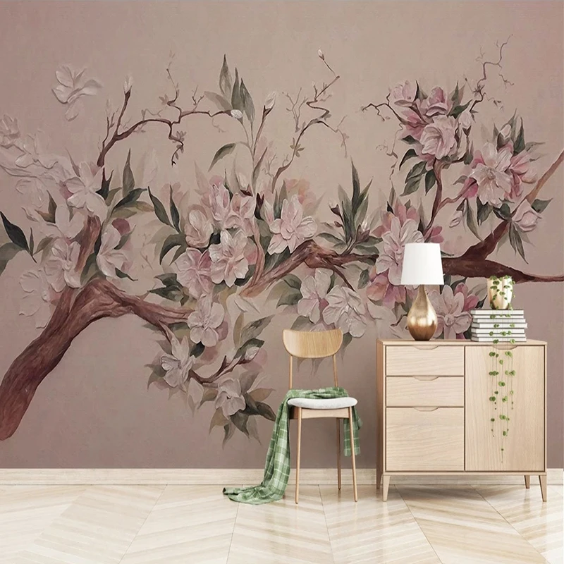 

Custom Any Size Mural Wallpaper 3D Relief Pink Magnolia Wall Papers Living Room Bedroom TV Background Home Decor 3D Papier Peint