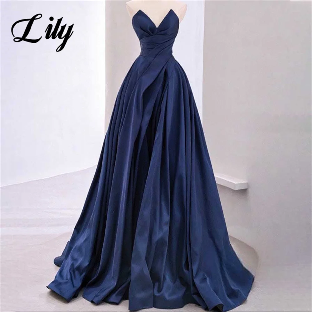 

Lily Navy Blue Evening Gown A-Line Prom Dress Pleats Satin Sleeveless Sweetheart Evening Dresses with Side High Split Customized