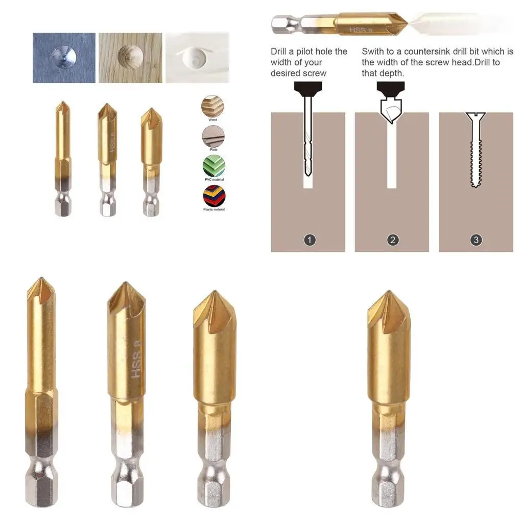 652f Countersink Drill Bits Center Set 3 PCS 1/4 Shank HSS 5 флейт 90 °