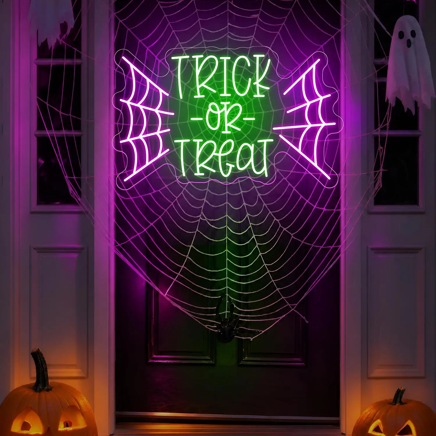 Trick Or Treat Neon Sign with Spider Web LED Neon Light USB Wall Lamp Halloween Party Home Bar Window Holiday Decoration Gift