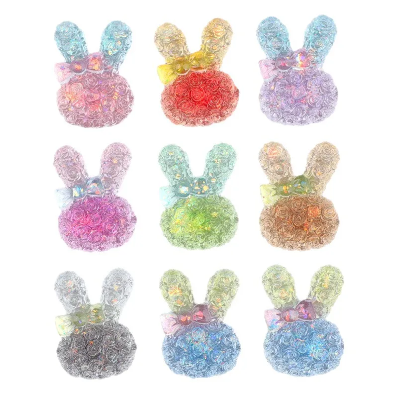 18*25MM 10PCS Cartoon luminous Gradient Rabbit Bow Tie Resin Accessory Handmade Material Pack DIY Children's Headwear Hair