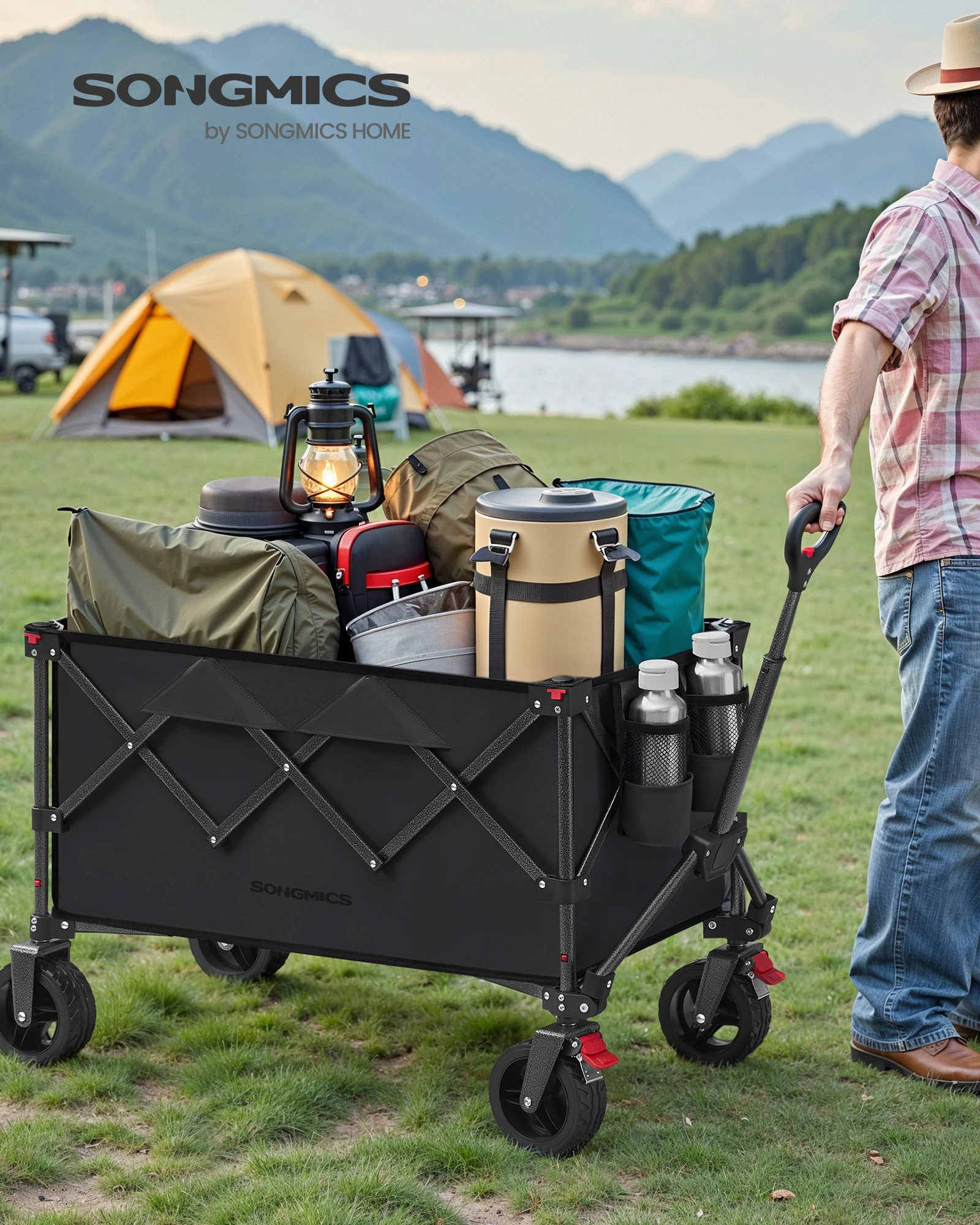 SONGMICS Handwagen faltbar, Bollerwagen, 150 L, bis 150 kg belastbar, Gartenwagen, Campingwagen mit Griff, 4 abnehmbaren Rollen, platzsparend, Outdoor, Garten