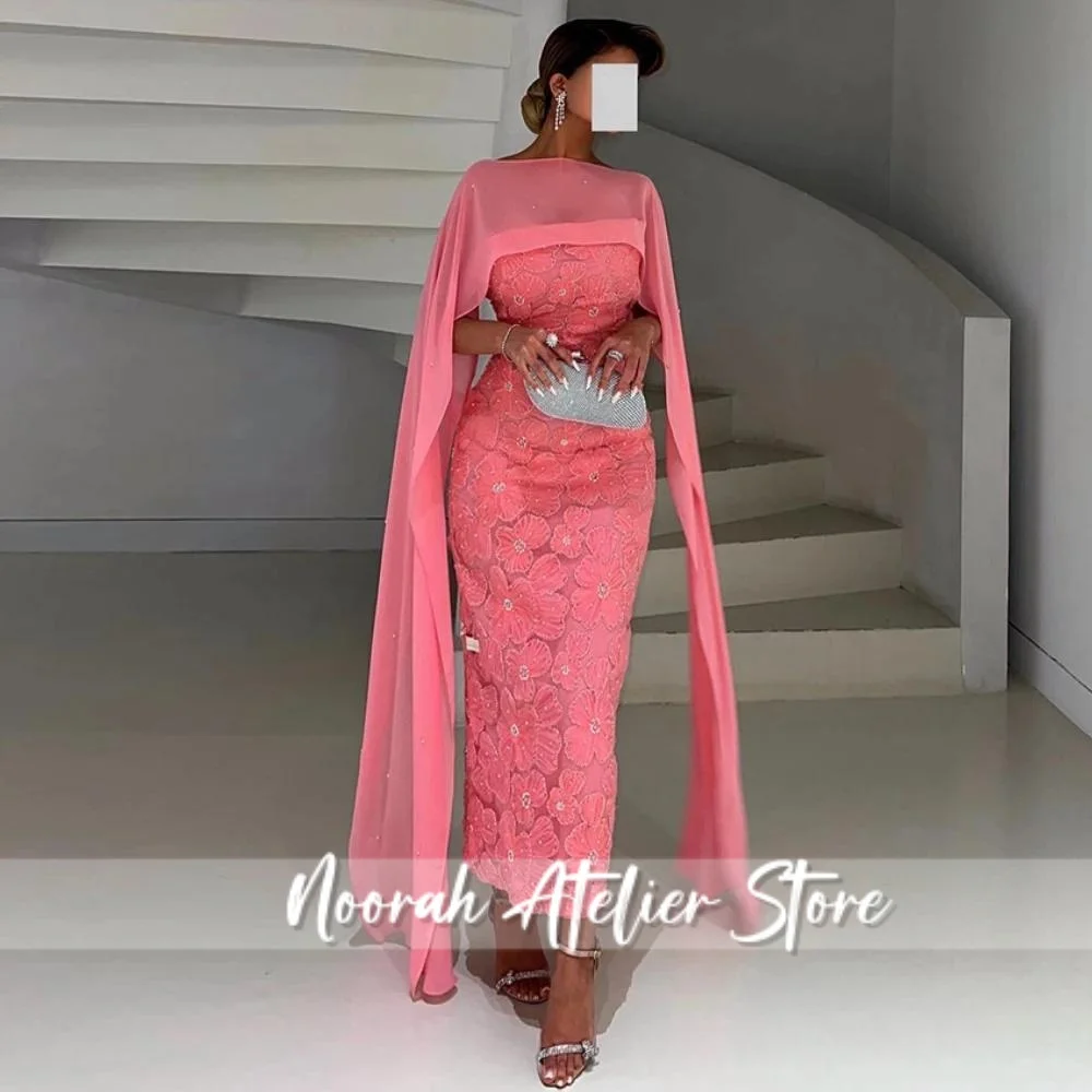 

Peach Pink Evening Dress Chiffon Cape Strapless Sleeveless Exquisite 3D Flower Mermaid Party Gown Saudi Prom Dress Customized