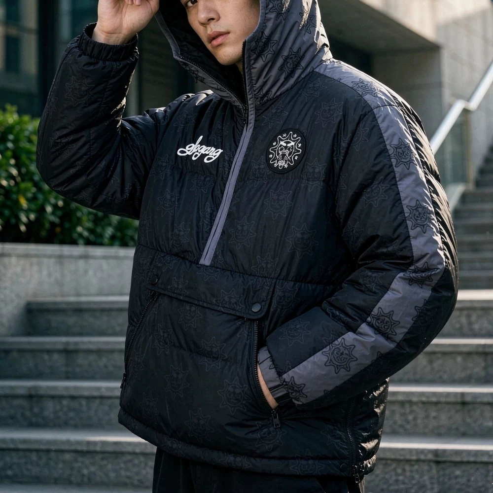 Autumn and winter fashion new half zipper hooded cotton-padded jacket contrast stitching printing embroidery loose warm coat.