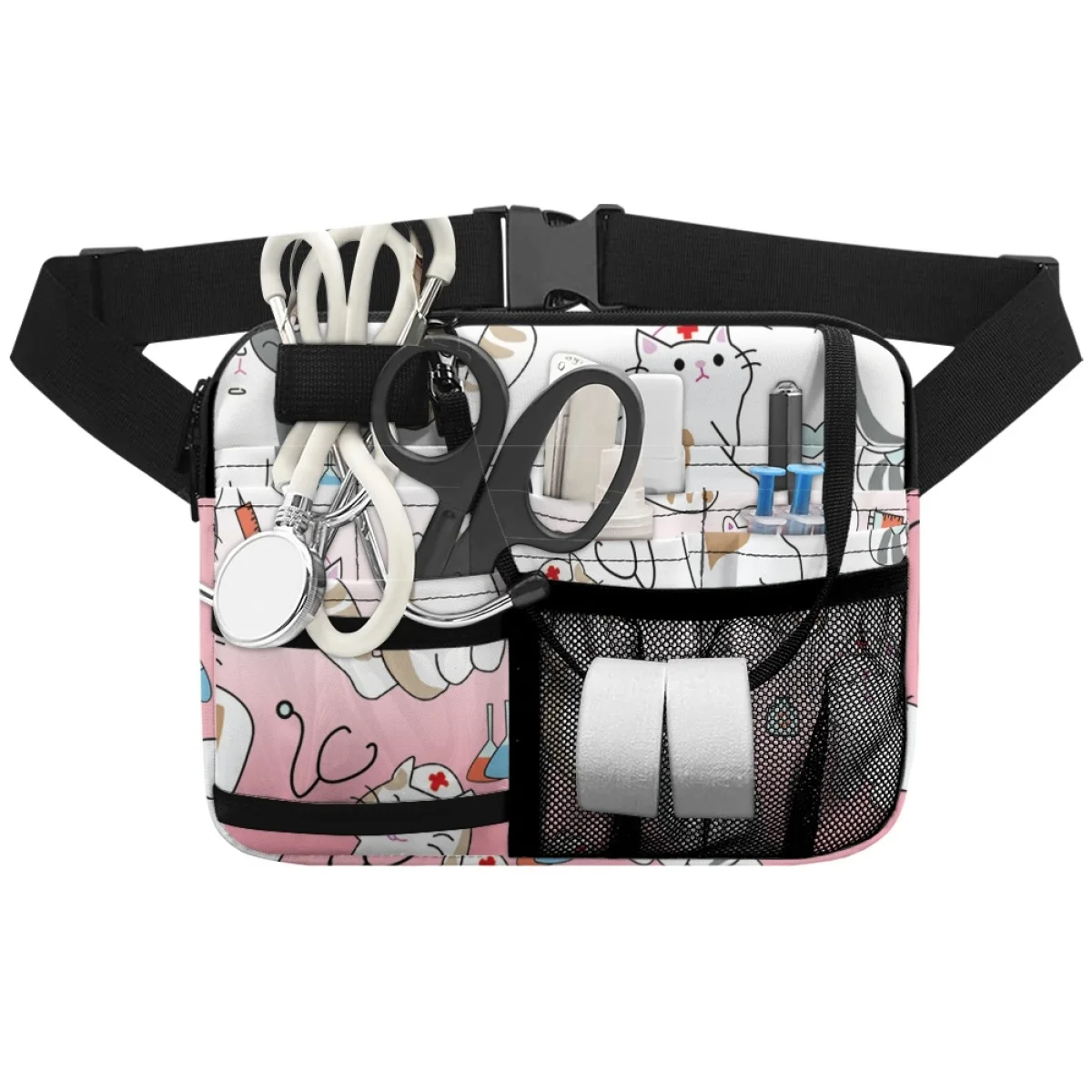 Gradient Cute Cat Veterinary Print Nurses Must Buy Satchel Mulit Pockets Zippers WaistPack Dirt Resistant Crossbody Bag DIY Gift