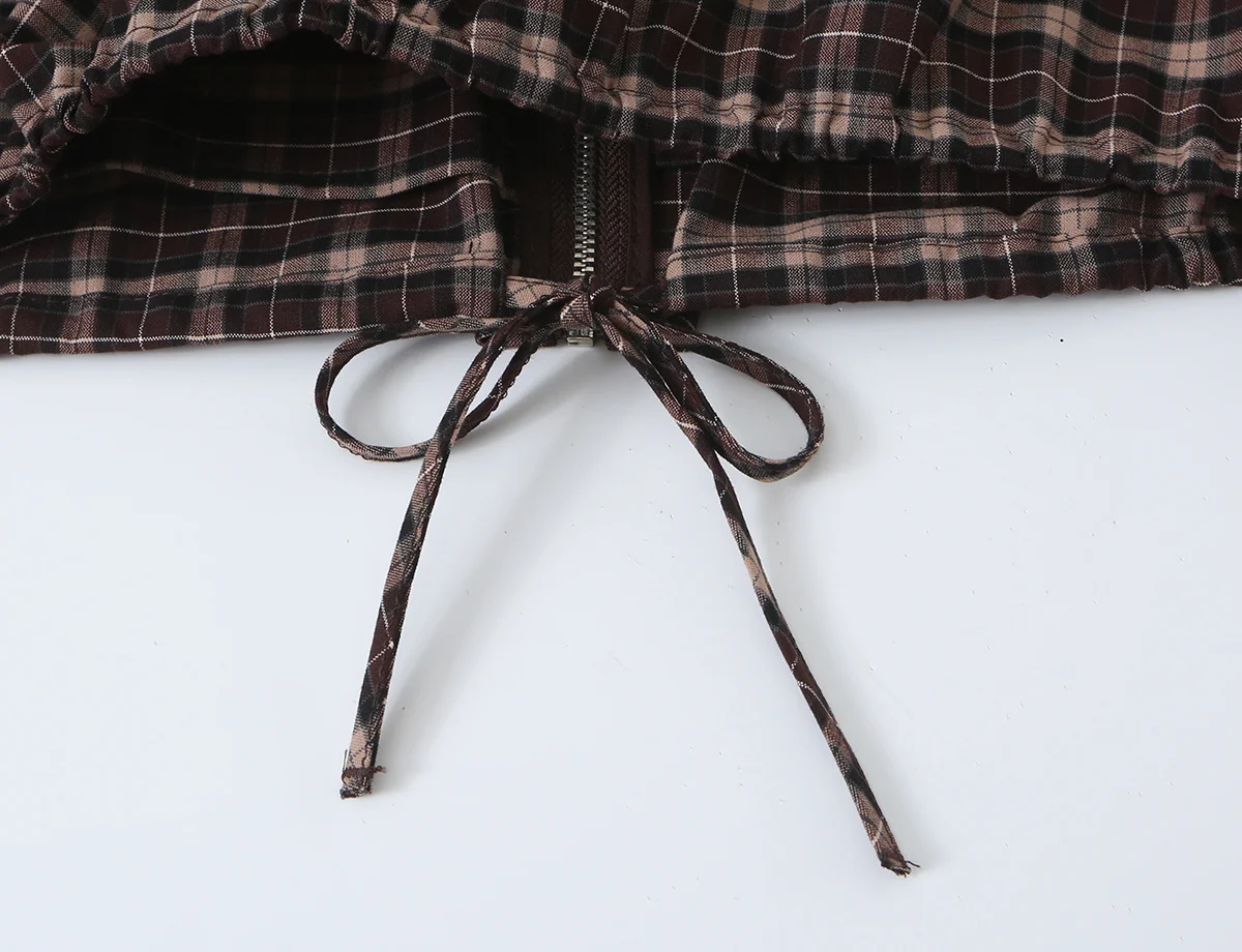 TFMLN Damen Karierter Rock-Set Vintage Stehkragen Taschen Reißverschluss Langarm Kurze Jacke Mode Minirock Herbst Freizeit-Sets – Detail 9