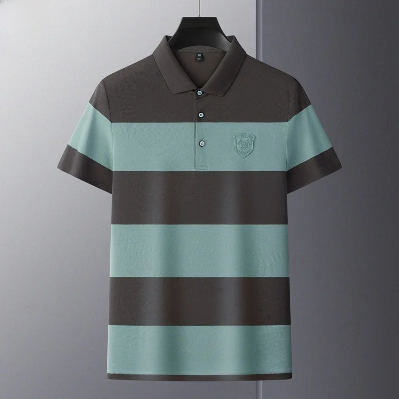 

Men's Short Sleeve Shirt 2025 Turn-down Collar Wide Stripes Mid-life Cotton Plain Elastic Ordinary Spring Summer