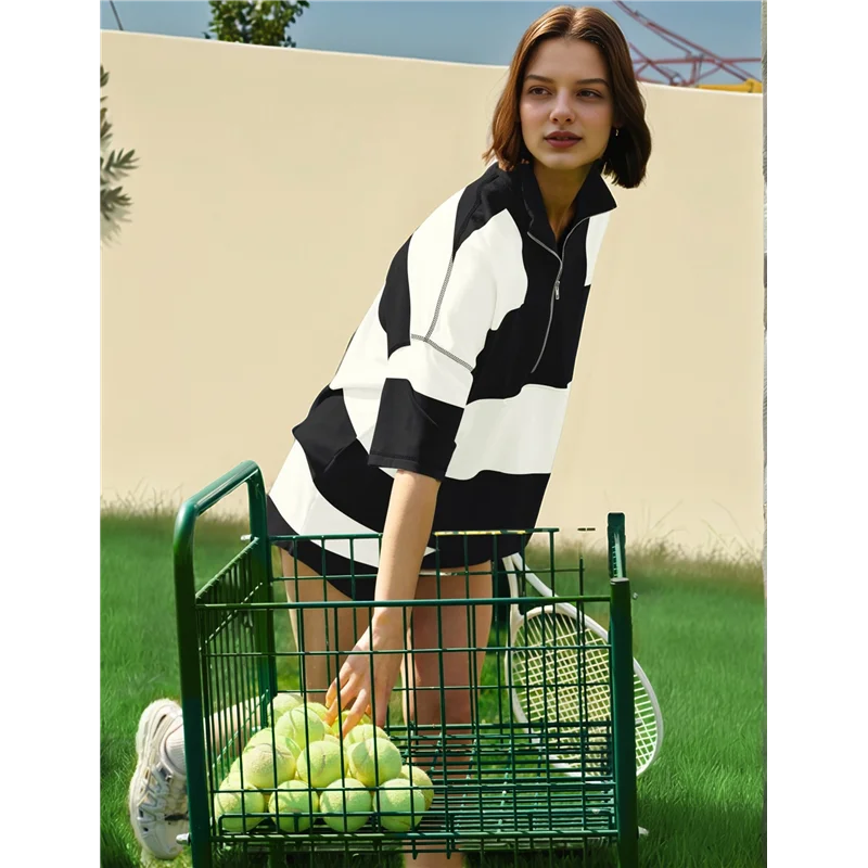 【SEE】Gestreiftes Trainings-Set für Damen, zweiteiliges Outfit, Trainingsanzug, übergroßes Lounge-Set, Oberteil und Shorts-Sets mit Taschen