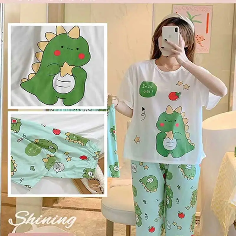 Women Three-piece Set Senior sense Pajamas Print Sleepwear Set Young Girls   Round Neck Short Sleeved Top Loungewear Homewear