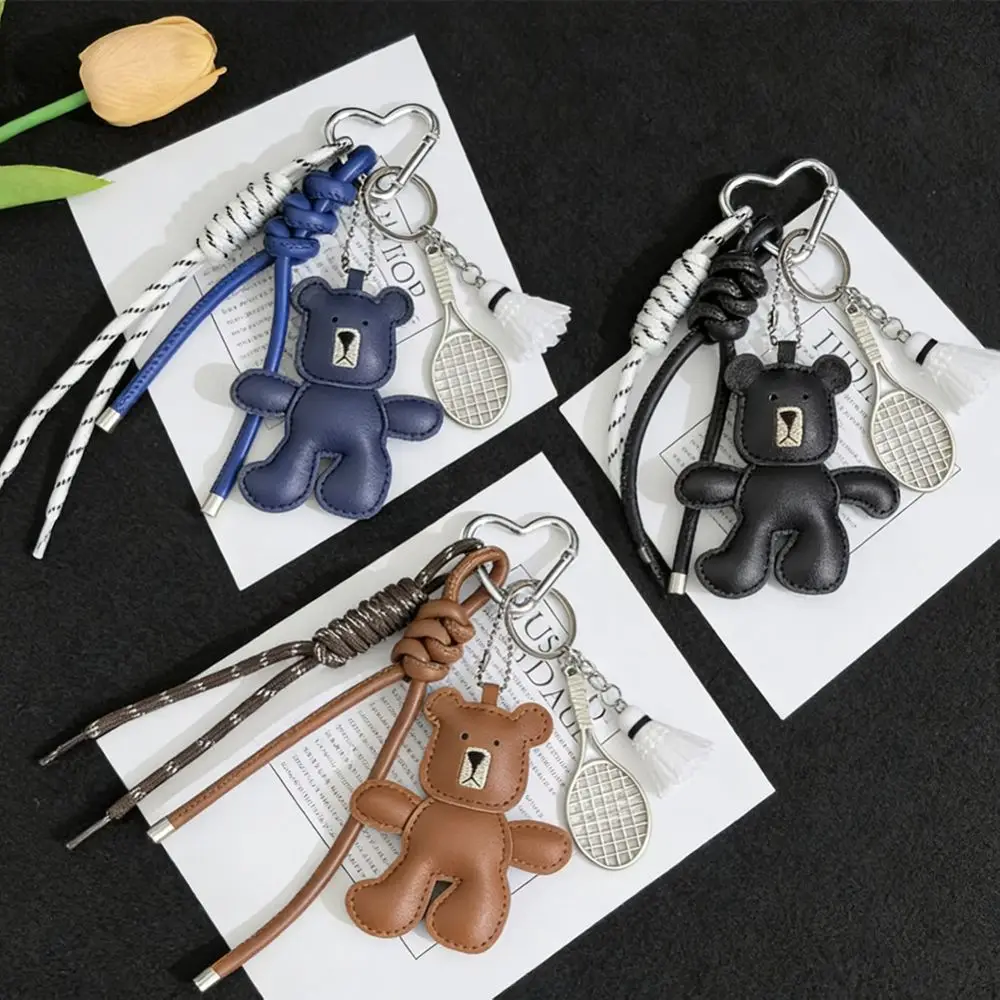 Unique Cartoon Bear Racket Keychain Badminton Good Luck Leather Bag Pendant Keyring Woven Rope Little Bear Bag Hanging Gifts