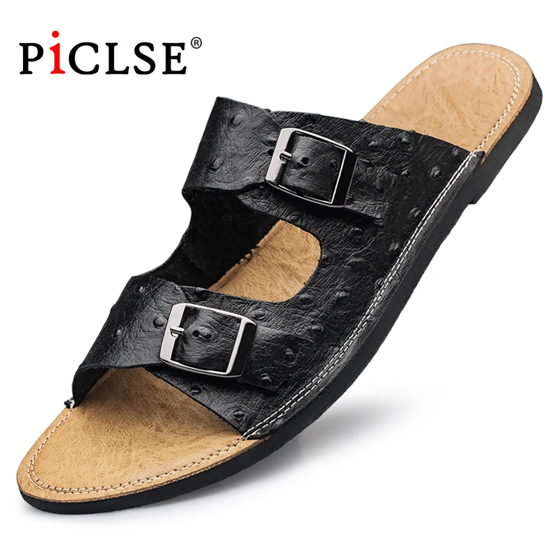 

PICLSE Luxury Brand Genuine Leather Men's Slippers Summer Beach Sandals Flip Flop Plus size Home Sandals Men Shoes