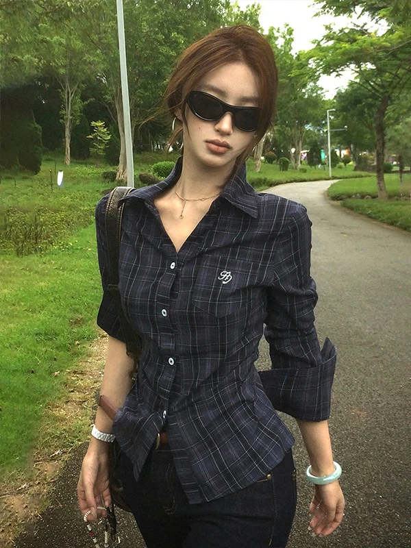 

Slim Fit Long Sve irt, осенний новый Sle, большие размеры, корейский студенческий клетчатый узор, модный топ для женщин с воротником