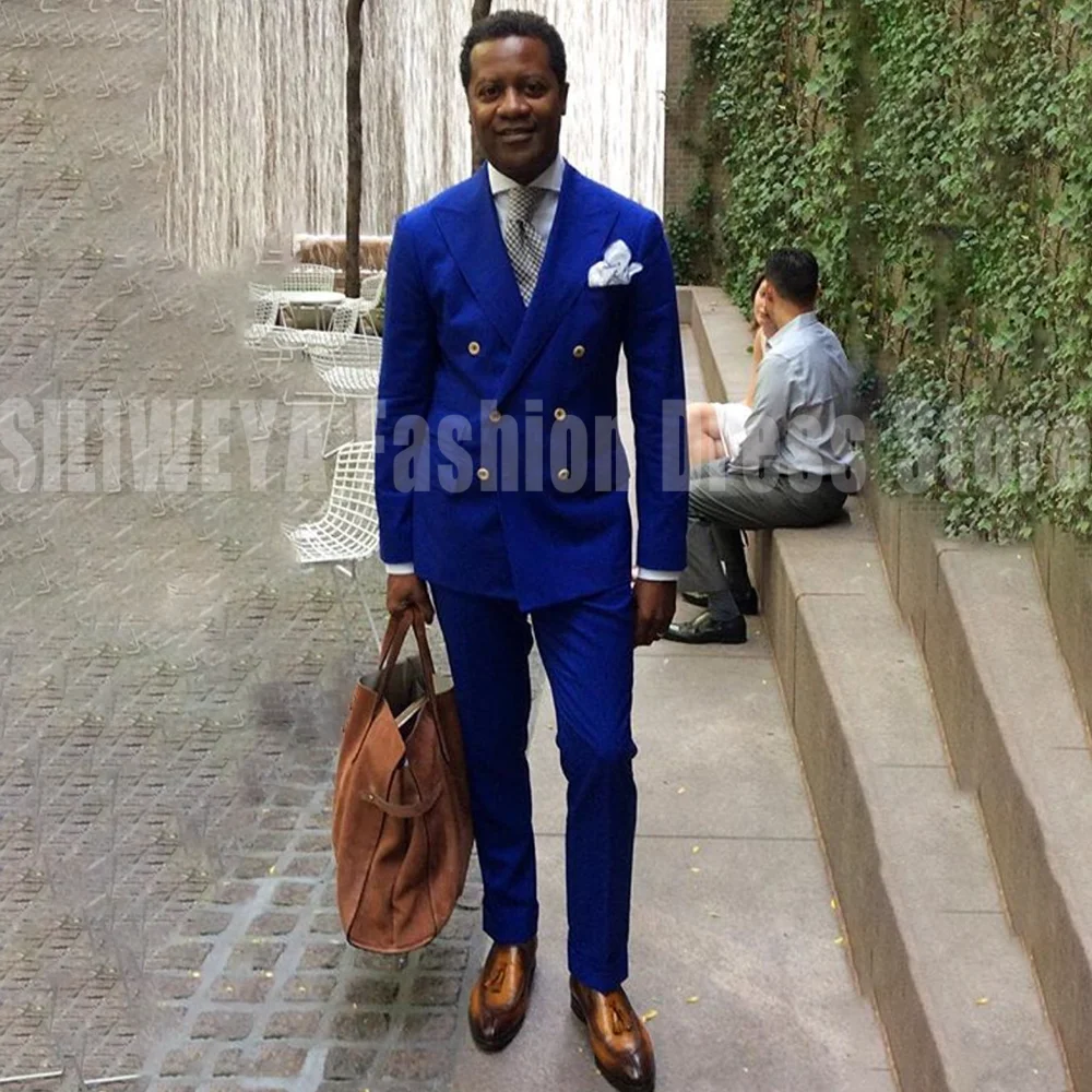 

New Style Royal Blue Double Breasted Men's Suit 2 Pieces Jacket Pants Business Casual Blazer Set Traje De Hombre Elegante
