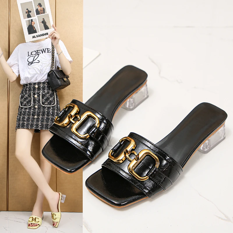 

Women's Sandals Metal Buckle 3.5cm Transparent Square Heels Slides Women Peep Toe Mules Cool Summer Fashion Slippers Sandals