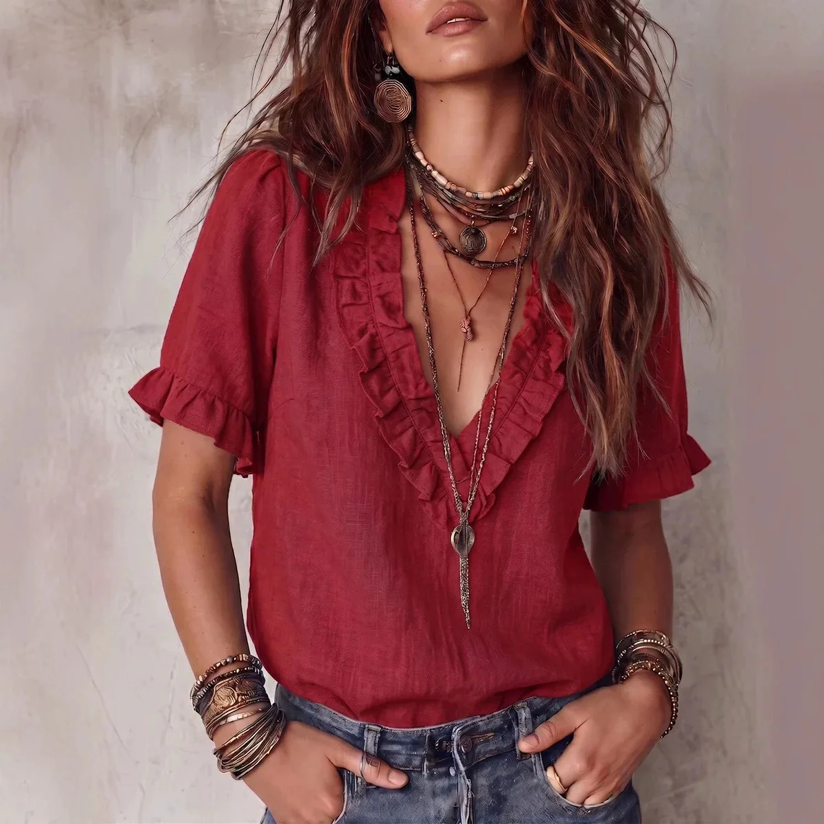 Women's Bohemian Summer Blouse Ruffle Trim V Neck Short Sleeve Top Solid Loose Casual Shirt For Daily Street Vacation Office