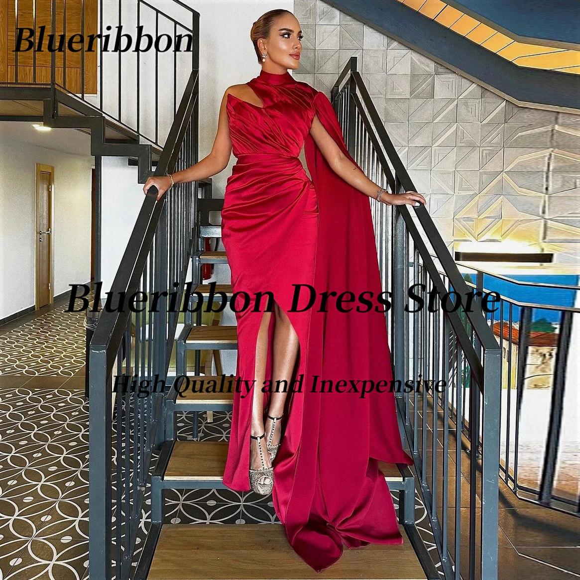 

Blueribbon New Style High Collar Prom Evening Dresses 2024 Flutter Sleeves Robe Des Marrige Ruched Side Slit Wedding Party Dress