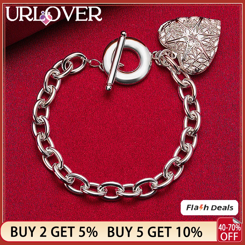 

URLOVER 925 Sterling Silver Heart Photo Frame Pendant Bracelets For Women Fashion Bracelet Charm Fine Jewelry Christmas Gifts
