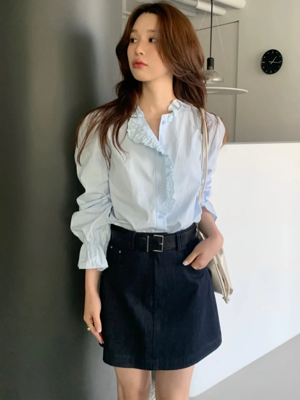 

Ele Long Sve Lace Trimmed irt Women's Simple Collar Single Button Splicing Spring Autumn Faionable Versatile Top