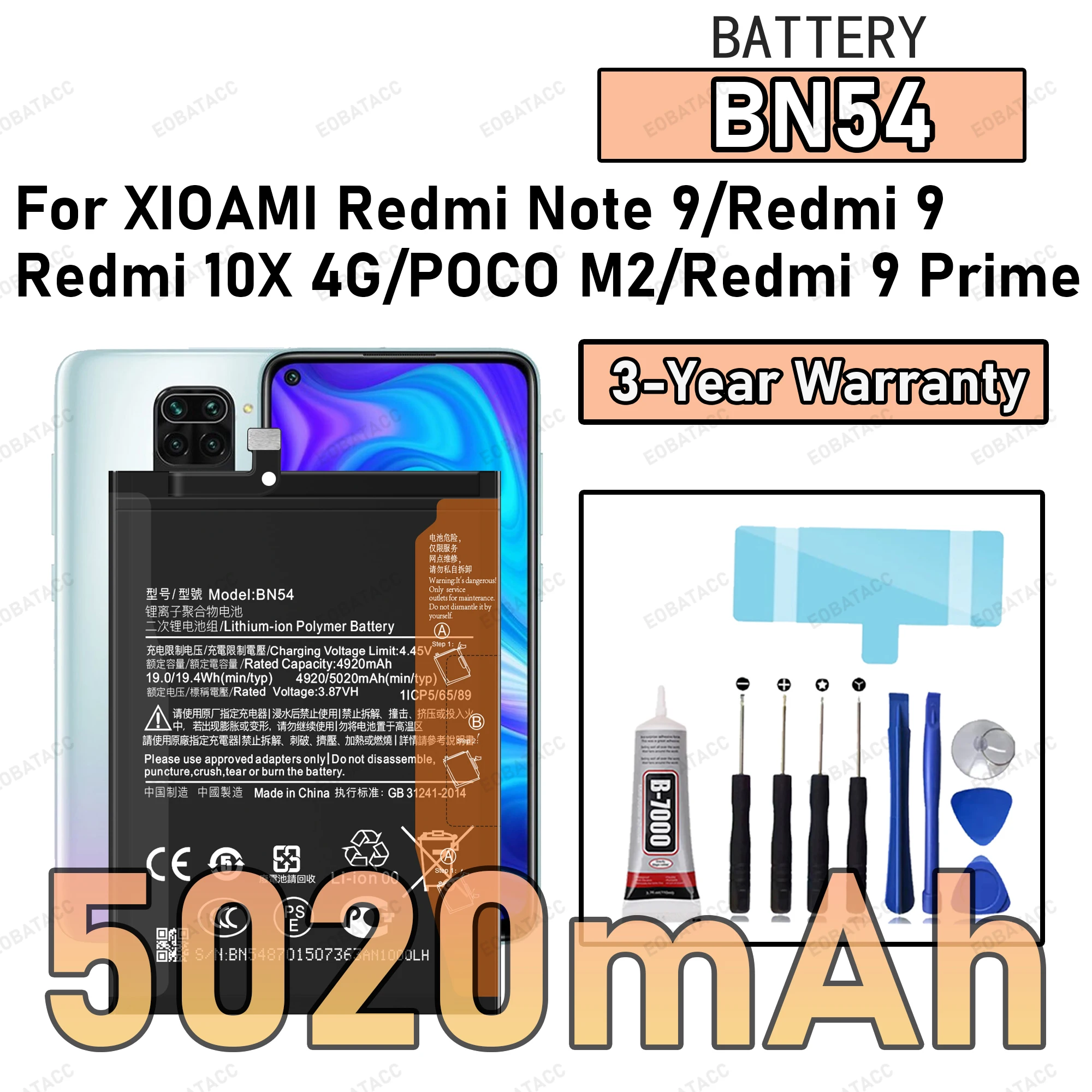 

100% New Zero Cycle BN54 Battery For XIAOMI Redmi Note 9/Redmi 9/Redmi 10X 4G/PОCO M2 Phone Replacement Bateria +Free Tools